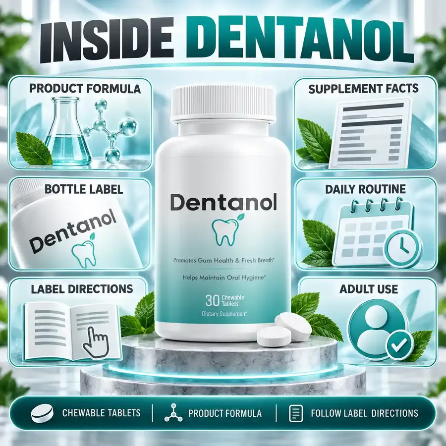 Brand graphic titled Inside Dentanol with the bottle on a marble stand and tiles for Product Formula, Supplement Facts, Bottle Label, Daily Routine, Label Directions and Adult Use