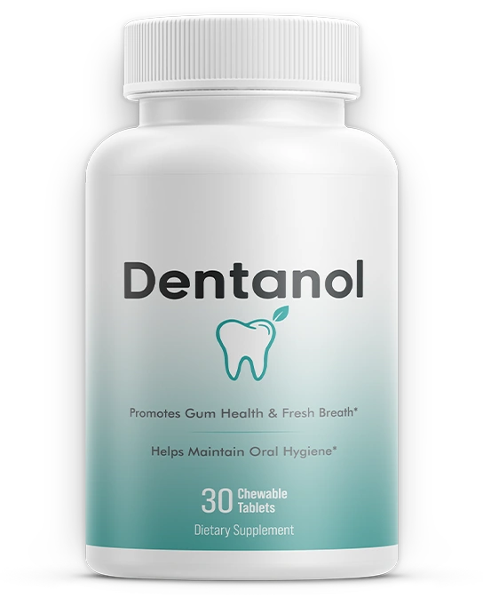 Front of a white Dentanol bottle with a teal lower half, a tooth-and-leaf logo and the words 30 Chewable Tablets